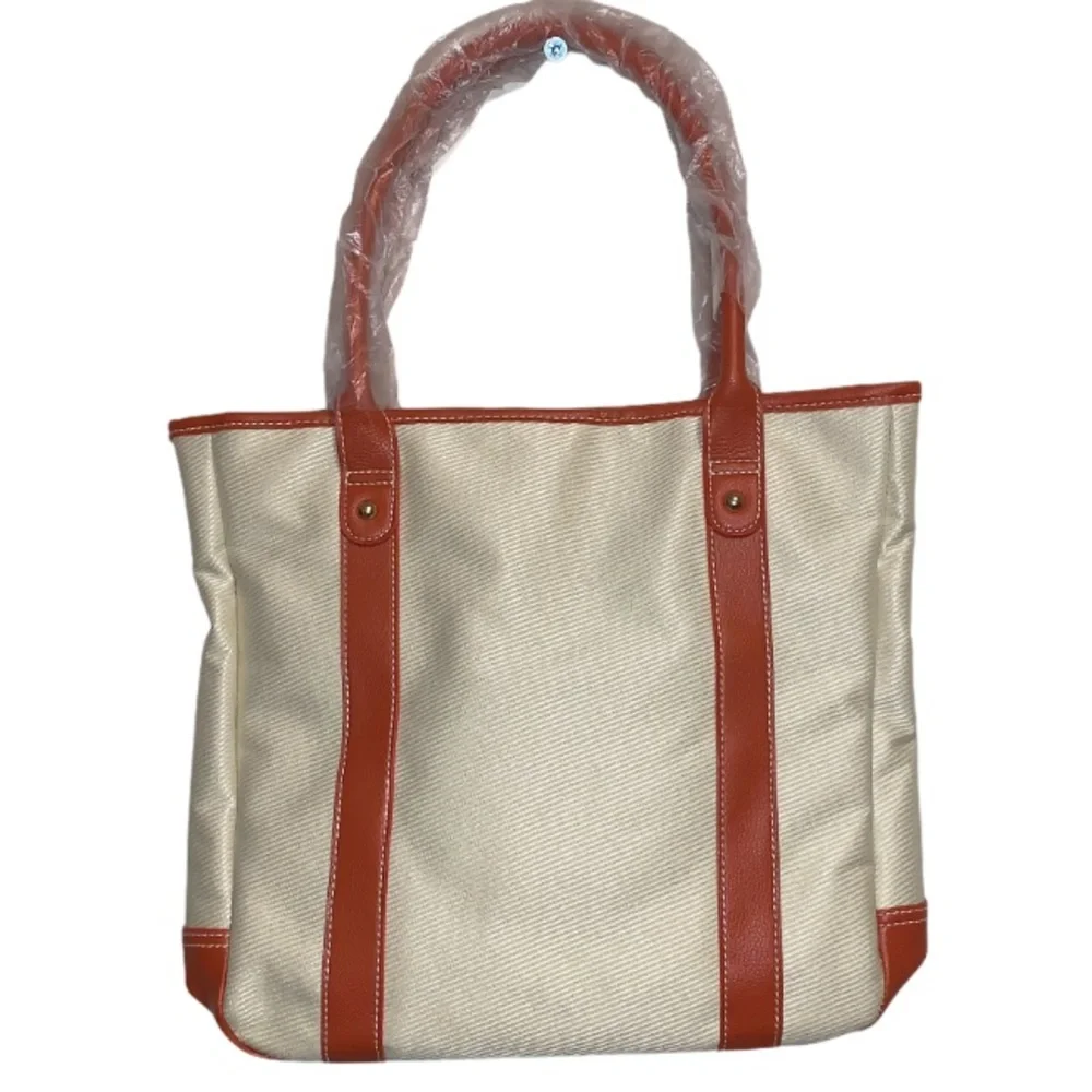 Estee Lauder Orange Leather Trim Cream Shoulder Bag Tote Purse with Pouch